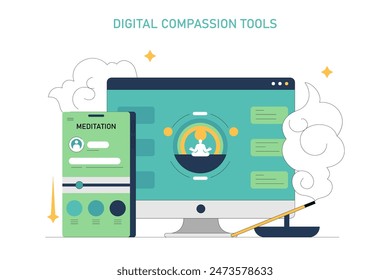 Compassion Focused Therapy concept. Digital tools for mental wellness, featuring meditation app and desktop interfaces. Mindfulness and self-care technology. Vector illustration.