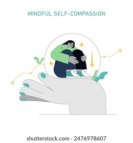 Compassion Focused Therapy concept. Illustration featuring a person hugging themselves, symbolizing self-care and mental health support. Vector illustration.