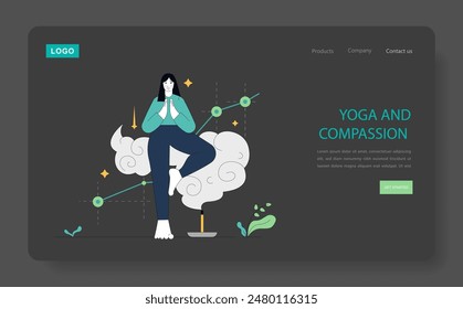 Concepto de terapia enfocada en la compasión. Ilustración de una persona practicando yoga promoviendo la autocompasión y la atención plena. Atmósfera serena y armonía. Ilustración vectorial.