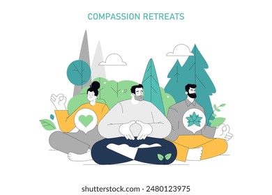 Compassion Focused Therapy concept. Illustration of people meditating in nature, promoting mental wellbeing. Mindfulness, empathy, and self-care themes. Vector illustration.