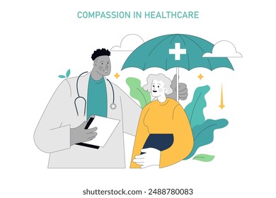 Compassion Focused Therapy concept. Illustration featuring a caring doctor with a protective umbrella over a patient, conveying empathy and support in healthcare. Vector illustration.