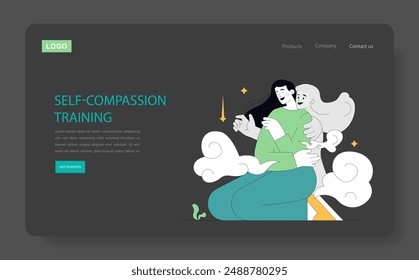 Compassion Focused Therapy concept. Illustration of a caring embrace, promoting emotional healing and self-love. Personal growth and mental health support. Vector illustration.