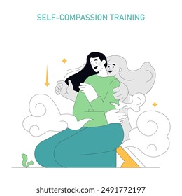 Compassion Focused Therapy concept. Illustration of nurturing self-care and emotional self-support. Embrace, comfort, and gentle caress. Vector illustration.