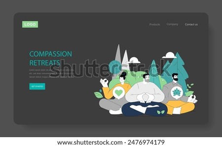 Compassion Focused Therapy concept. Individuals practicing mindfulness and emotional healing during a retreat in nature. Serenity in group meditation. Vector illustration.