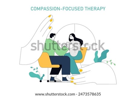 Compassion Focused Therapy concept. Supportive counseling session with nurturing hands. Emotional healing and mental care. Vector illustration.