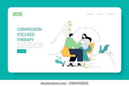 Compassion Focused Therapy concept. Therapist comforts patient in a calming environment. Emotional healing, empathy practice, and mental health support. Vector illustration.