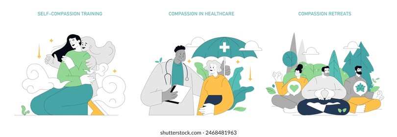 Set de terapia enfocada en la compasión. Las Ilustraciones describen el autocuidado, la empatía en el cuidado de la salud y los retiros de curación. Atención plena, bienestar emocional y Asistencia del paciente. Ilustración vectorial.