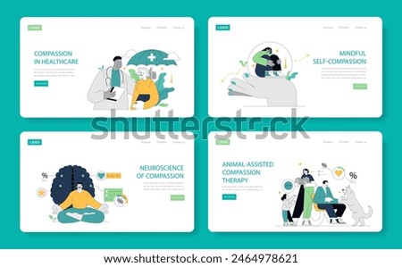 Compassion Focused Therapy set. Illustrations of therapeutic techniques promoting emotional healing and mental well-being. Vector illustration.