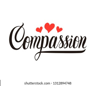 Compassion handwritten lettering with red hearts