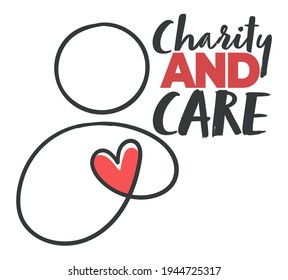 Compassion And Love, Volunteering Organization Badge Or Emblem. Kindness And Protection, Humanitarian And Donation. Charity And Care. Label With Human Figure And Hearts. Vector In Flat Style