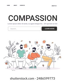 Compassion Mental Health Concept three men sitting on bench surrounded by flowers and plants discussing emotions colorful background website design