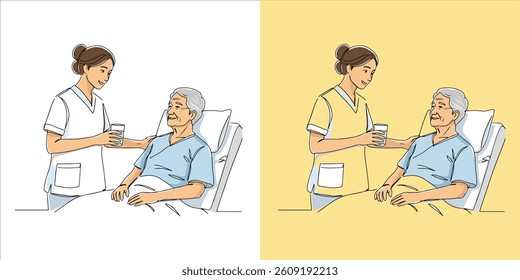A compassionate and attentive female nurse gently hands a glass of water to a senior patient, ensuring their comfort and well-being with kindness and professional care.