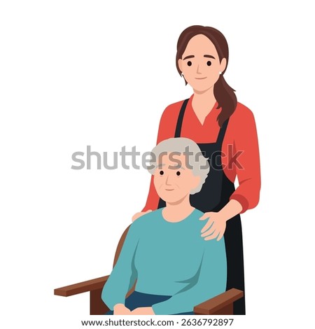 Compassionate Care: A Caregiver Supporting an Elderly Woman. Flat vector illustration isolated on white background