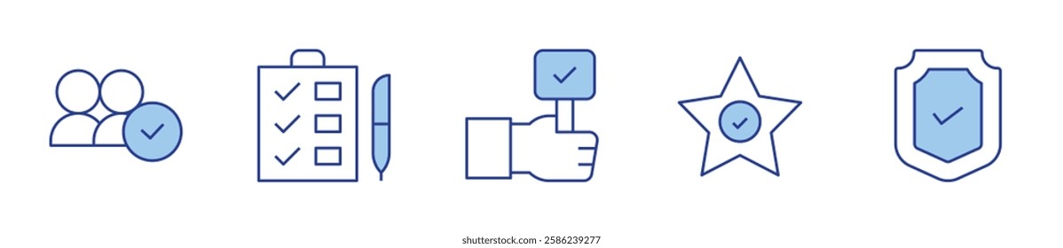 compatibility, agree, star, checklist, shield. Checkmark Icon vector illustration. Line Duotone style. Editable stroke.