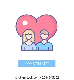 Compatibility - modern colorful line design style icon on white background. Neat detailed image of cute young couple of lovers with huge red heart behind, symbolizing relationship between them.
