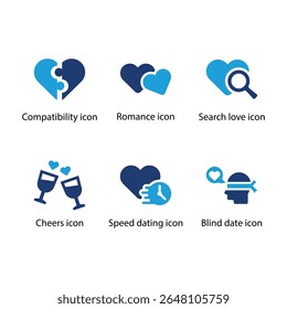 Compatibilidade, Romance, Amor de busca, Saúde, Velocidade namoro, Ícone de data às cegas