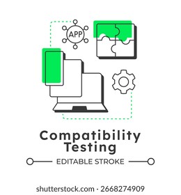 Compatibility testing modern linear concept icon. Software development, crossplatform. Cloud technology. Flat outline elements connected with dotted lines. Creative visual. Easy to edit