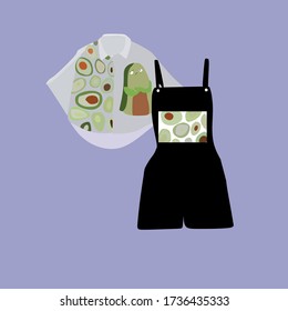 Compatible clothing with a black jumpsuit and a white shirt with an avocado print.Different emotions from avocado.Light background, fashionable and beautiful clothes.The concept of casual clothing.