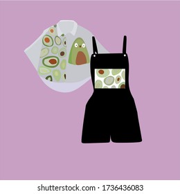 Compatible clothing with a black jumpsuit and a white shirt with an avocado print.Different emotions from avocado.Light background, fashionable and beautiful clothes.The concept of casual clothing.