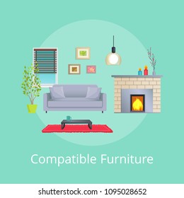 Compatible furniture in modern design living room vector illustration, interior elements, coffee table near sofa, fireplace and carpet, cute plants.