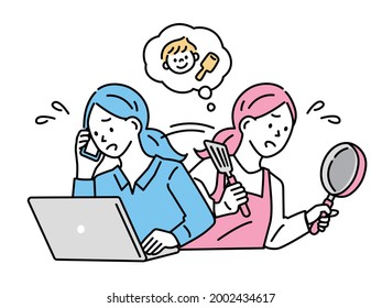 Compatible, illustration of working women . busy, double-income, parenting, housework, parenting, family