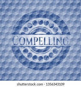 Compelling blue badge with geometric pattern background.