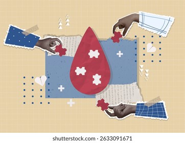 Un convincente Vector de collage centrado en la donación con manos, símbolos de salud y vibrantes Elementos para representar la ayuda comunitaria.