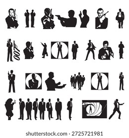A compelling collection of iconic secret agent silhouettes, capturing various classic spy poses