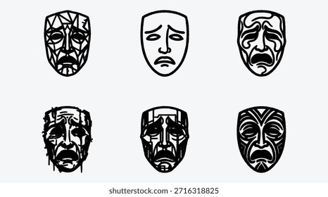 Uma coleção atraente de seis máscaras tristes trágicas estilizadas que retratam o choro e as emoções dolorosas para o design teatral