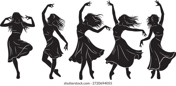 Una Ilustración vectorial convincente y enérgica con un grupo de cinco bailarinas que realizan una rutina coreografiada. Cada bailarín es capturado en una pose dinámica ligeramente diferente pero armonizada, enfatizando la gracia y el movimiento fluido. Su cabello se representa como fluido, y llevan faldas o vestidos cortos y acampanados, agregando drama y detalles de vestuario a las siluetas.