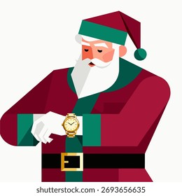 Una convincente Ilustración vectorial geométrica de Santa Claus mirando hacia abajo en un lujoso reloj de pulsera de oro.
