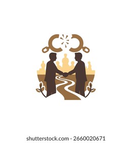 uma ilustração convincente que simboliza colaboração e parceria representando a ruptura de cadeias de limitações e obstáculos, um aperto de mão visual significa concordância e