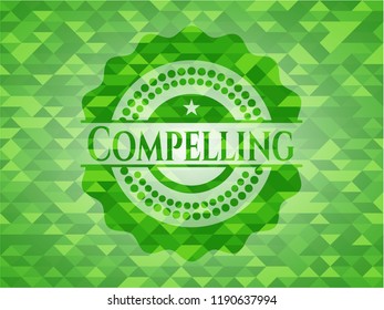 Compelling realistic green emblem. Mosaic background