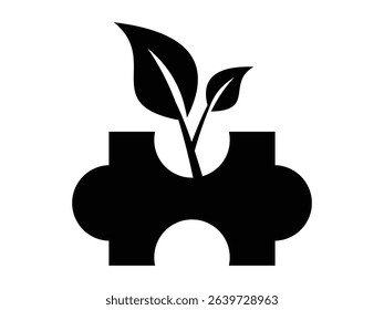 A compelling vector icon featuring a black silhouette of a puzzle piece serving as a foundation, from which two stylized green leaves emerge and grow upwards.