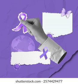 A compelling vector illustration depicting a hand placing a purple ribbon on Earth, symbolizing unity and awareness for World Cancer Day on February 4th.