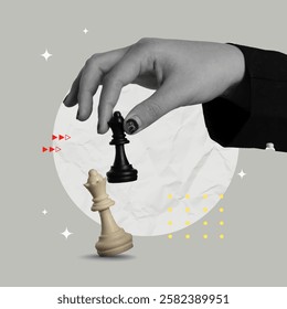 A compelling vector illustration depicting a hand strategically moving a chess piece, symbolizing tactics and planning, presented in a modern collage style.