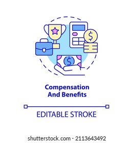 Compensation And Benefits Concept Icon. Salary And Rewards. HR Management Abstract Idea Thin Line Illustration. Isolated Outline Drawing. Editable Stroke. Roboto-Medium, Myriad Pro-Bold Fonts Used