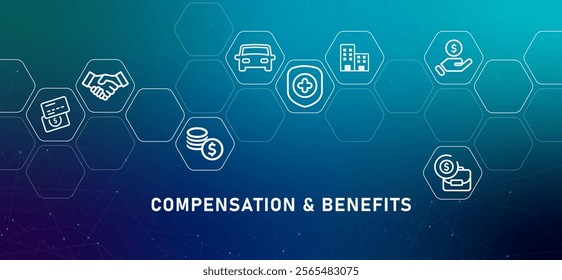 Compensation and benefits gradient header company work receive by employee reward earnings salary protection insurance payroll healthcare perks and rewards bonuses 