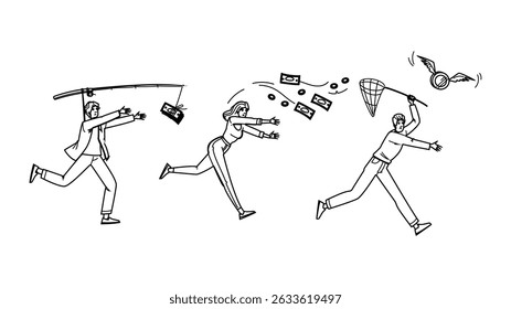 compensation chasing salary money vector. paycheck wage, pay bonus, incentive commission compensation chasing salary money character. people black line pencil drawing illustration