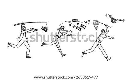 compensation chasing salary money vector. paycheck wage, pay bonus, incentive commission compensation chasing salary money character. people black line pencil drawing illustration