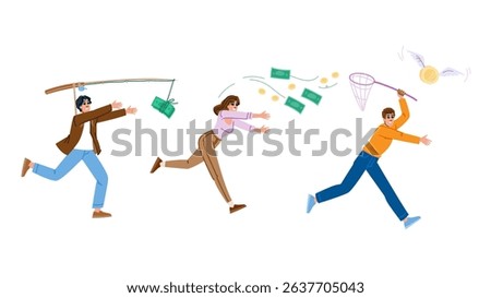 compensation chasing salary money vector. paycheck wage, pay bonus, incentive commission compensation chasing salary money character. people flat cartoon illustration