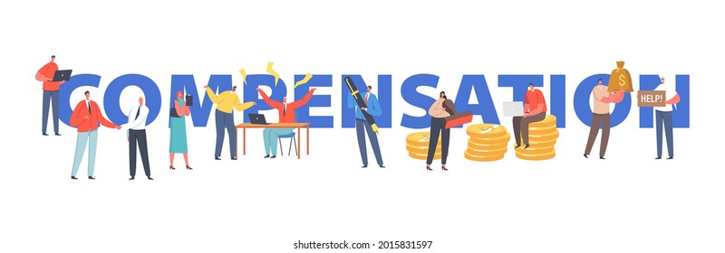 Compensation Concept. Clerk Characters Sign Documents for Employee Insurance, Protection of Worker Health, Injury Benefits Provided by Company Poster, Banner, Flyer. Cartoon People Vector Illustration