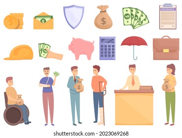 Compensation icons set cartoon vector. Pension money. Fund plan