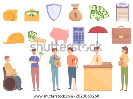 Compensation icons set cartoon vector. Pension money. Fund plan