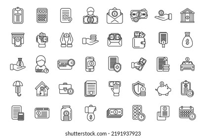 Compensation icons set outline vector. Pension money. Fund bank