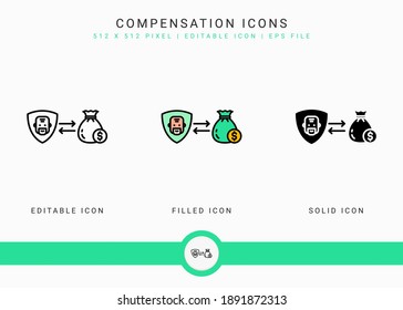 Compensation icons set vector illustration with icon line style. Pension fund plan concept. Editable stroke icon on isolated white background for web design, user interface, and mobile application