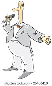 Compere in grey suit with microphone. Fun cartoon style. Vector illustration.