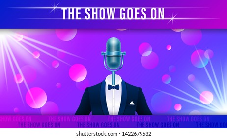 Compere, master of ceremonies, emcee on stage. Realistic blue metal microphone in tuxedo, suit with bowtie on colorful light effect background. Vector Illustration