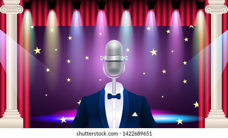 Compere, master of ceremonies, emcee on stage. Realistic silver metal microphone in tuxedo, suit with bowtie, concert stage with colorful light effect . Vector Illustration