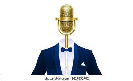 Compere, master of ceremonies, emcee. Realistic gold microphone in tuxedo, suit with bowtie isolated on white background. Vector Illustration